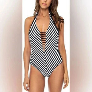 Women’s Cutout One Piece Swimsuits Deep V Neck Halter Striped by Swim Systems